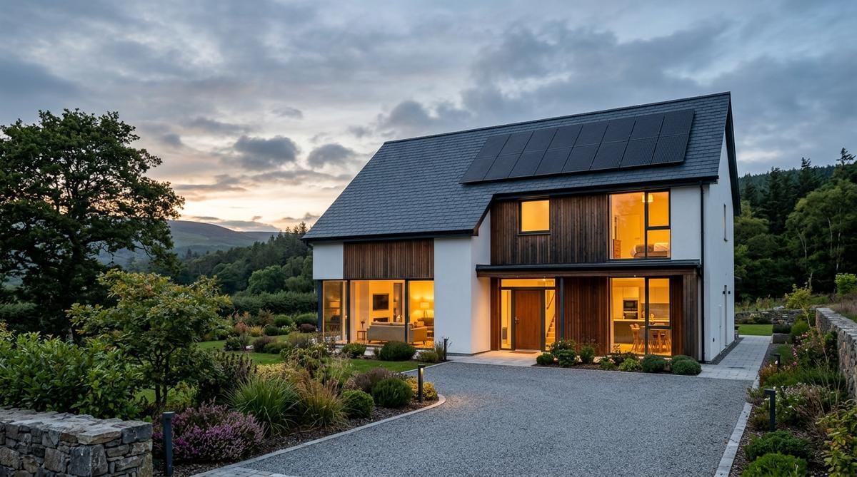 Detached new build at dusk with solar array